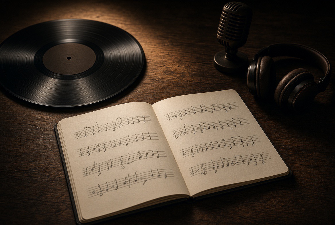 Taccuino con spartito, vinile e cuffie